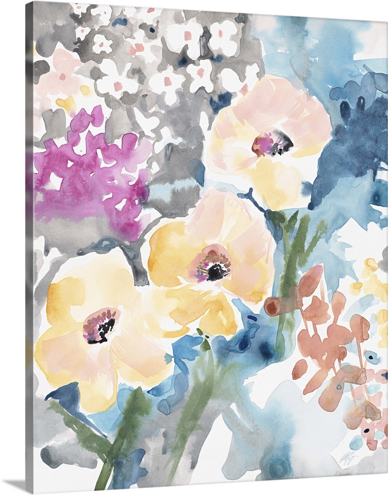 Watercolor painting of a bouquet of yellow, pink, and blue flowers.