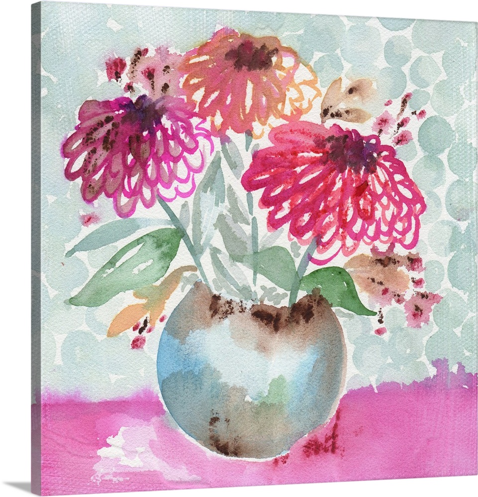 Watercolor art print of a bouquet of pink zinnias in a round vase.