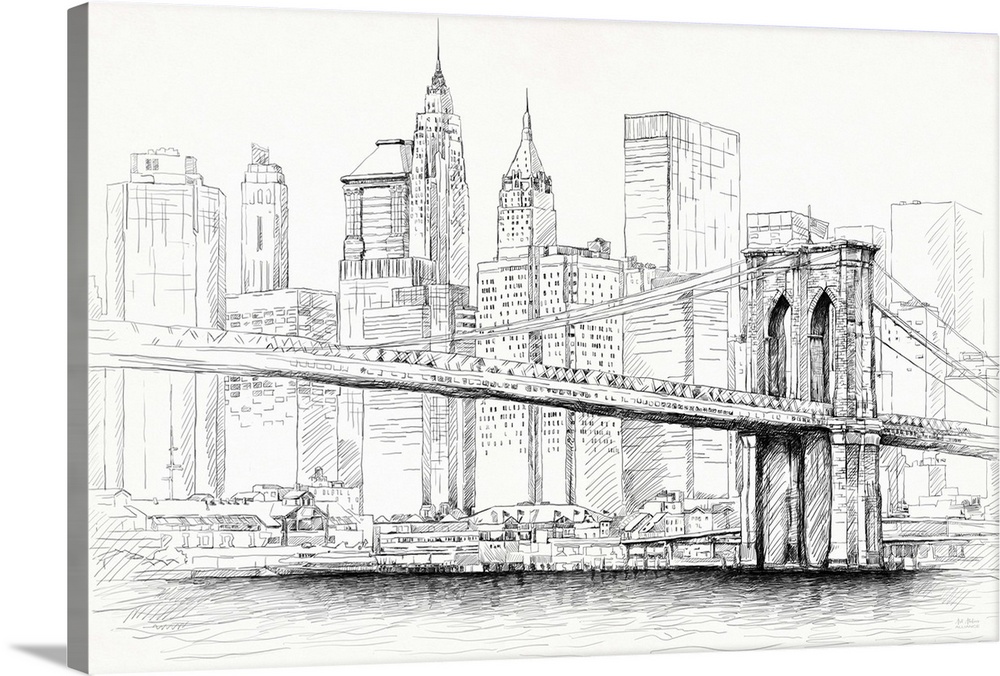 Contemporary illustrative home decor artwork of the Brooklyn Bridge with the Manhattan skyline in the background.