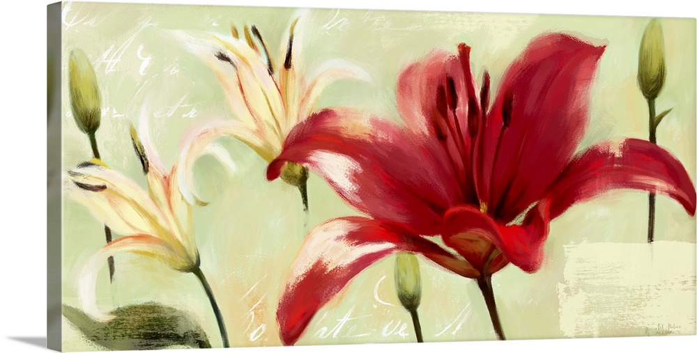 Home decor artwork of vibrant red and white lilies against a green background.