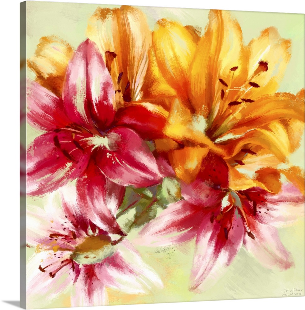 Home decor artwork of a bouquet of a golden yellow and fiery red lilies.