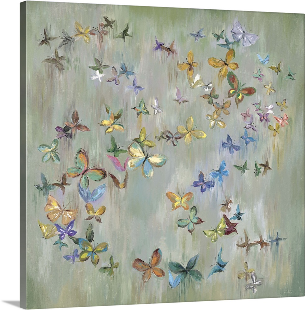 Colorful butterflies forming a circle against an abstract pale green background.
