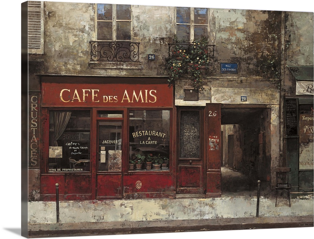 Contemporary painting of a Cafe storefront downtown in a city.
