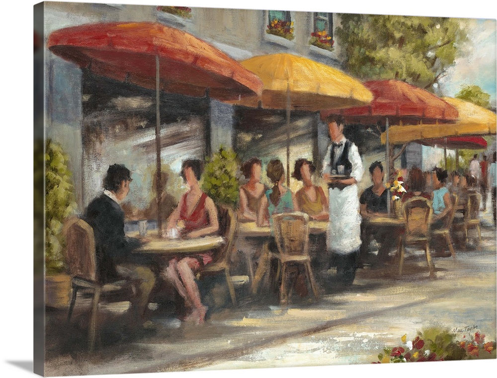 Contemporary painting of people dining at a cafe outdoors.
