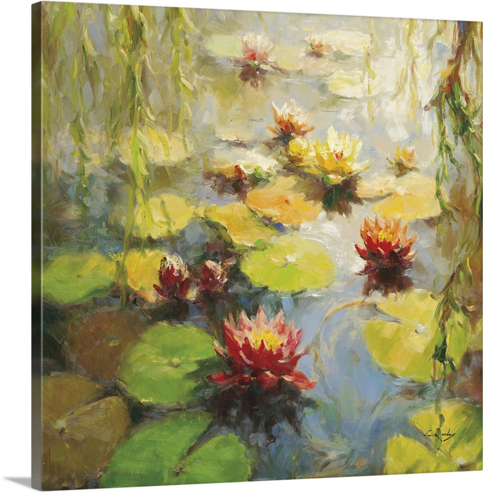 Contemporary painting of several water lilies and lily pads floating in a pond.