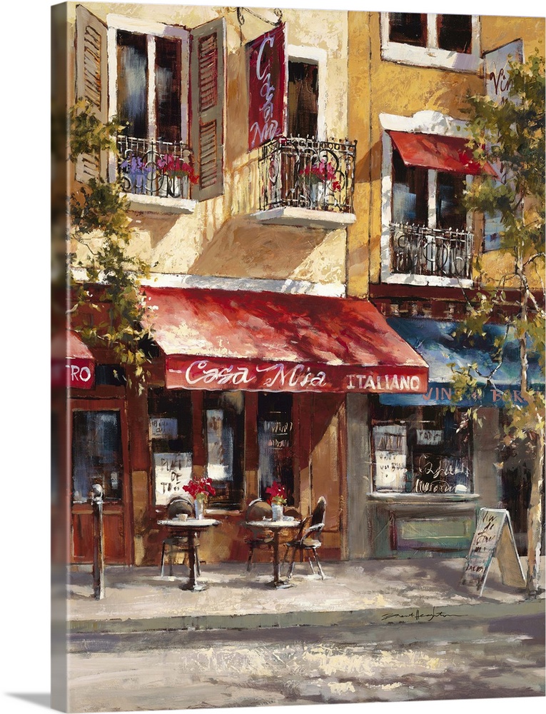 Contemporary painting of a cafe alongside colorful buildings.