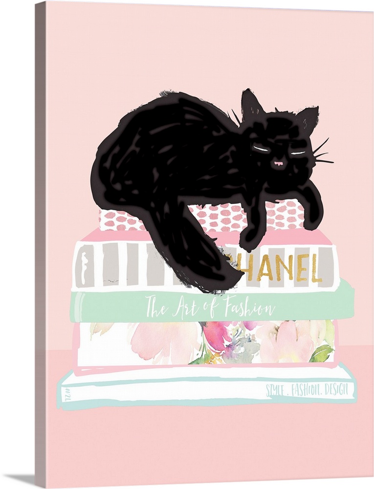 Illustration of a black cat taking a nap on top of a stack of fashion books.