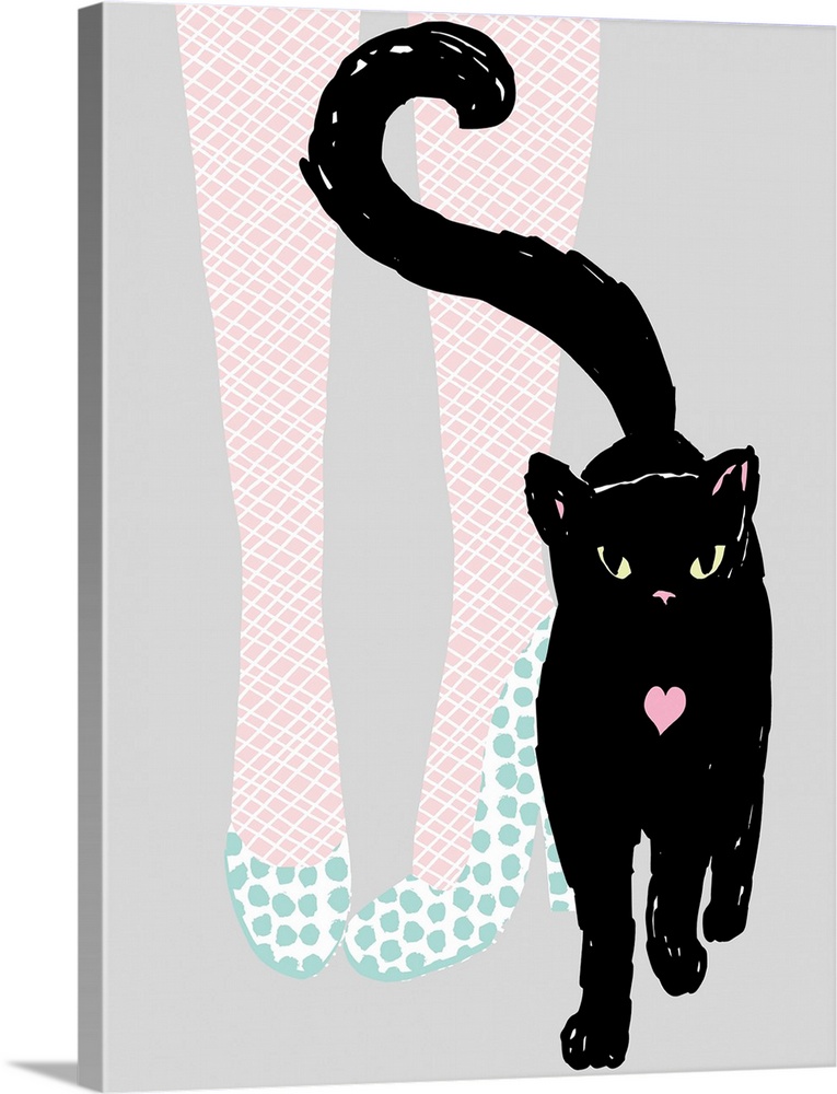 Illustration of a black cat with a pair of female legs wearing polka dot high heels in the background.