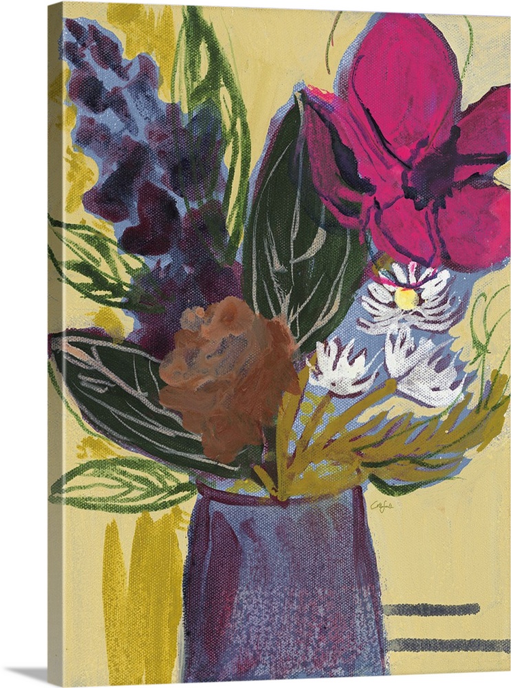 Painting of a bouquet of magenta and purple flowers in a tall mauve vase.