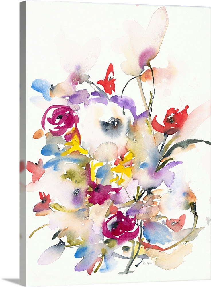 Watercolor artwork of an abundance of blooming flowers on off-white.