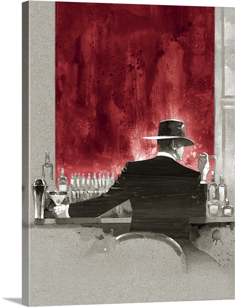 A painting of a man in a suit sitting at a bar with a vibrant red wall, with a cigar in one hand and a drink in the other.