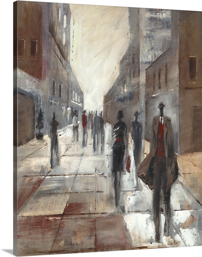 Contemporary painting of elongated figures walking along a city street.