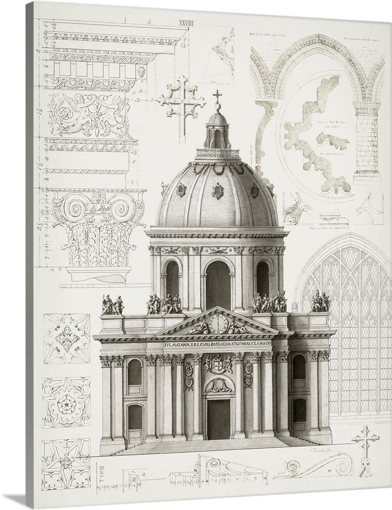 Black and white architectural illustration and blueprint with numbered measurements and designs in the background.