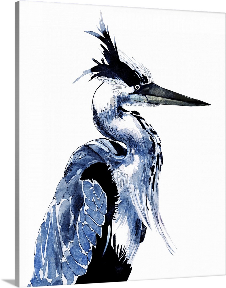 Contemporary painting of a blue heron looking up at the sky.