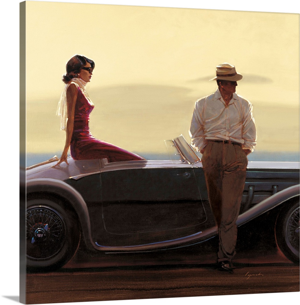 Contemporary painting of a woman sitting in the back of a vintage car, with a man standing outside the car leaning against...