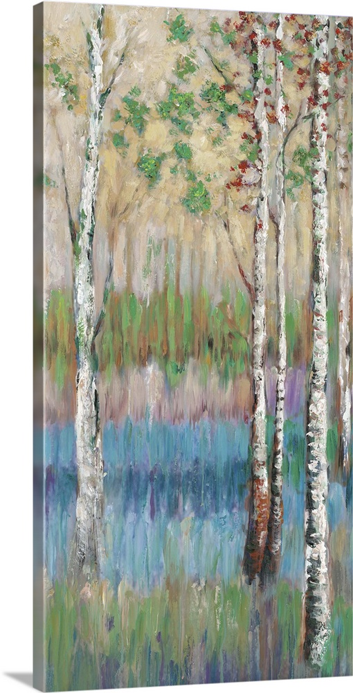 Contemporary artwork of tall slender birch trees with a colorful forest floor.
