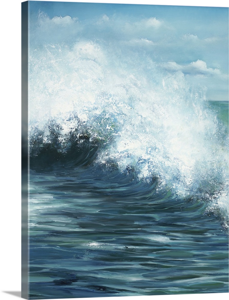 Contemporary artwork of a wave curling and splashing off the ocean.
