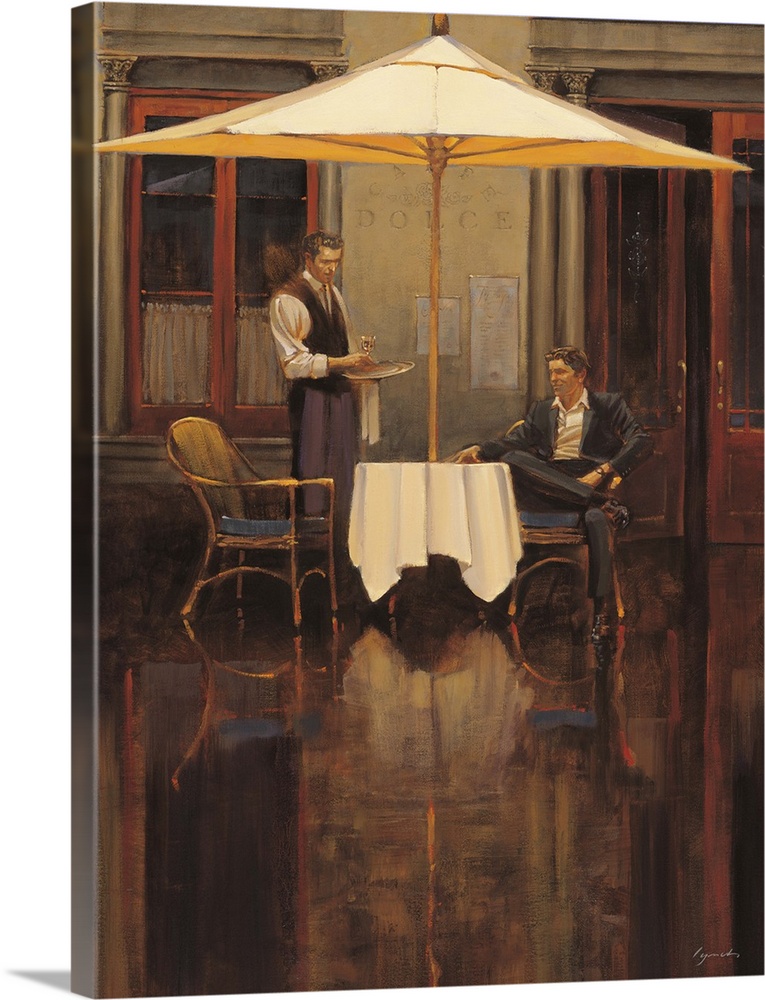 Contemporary painting of a man sitting at a table outside a bistro looking to his right.