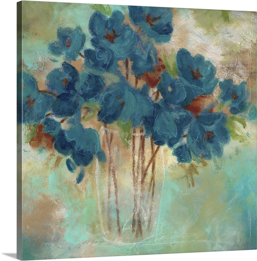 Aqua toned painting of a bouquet of flowers in a glass vase.