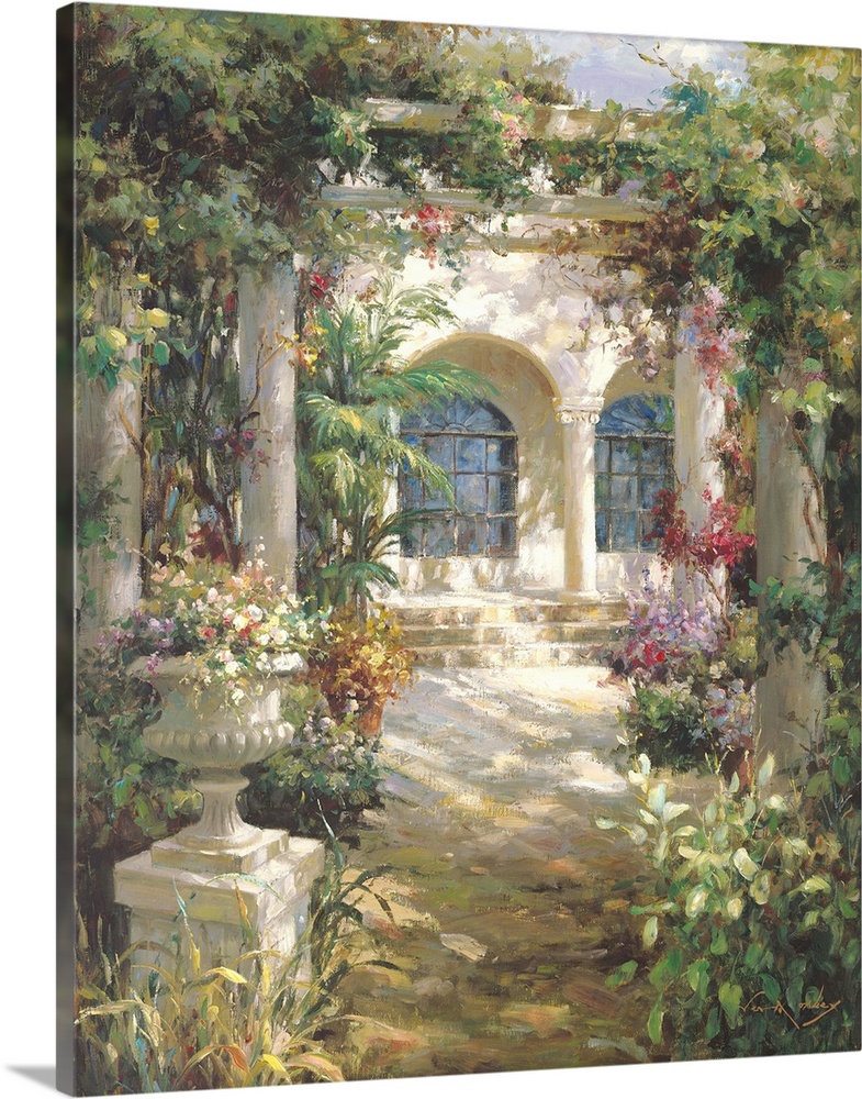 Painting of a shady courtyard with arches and columns.