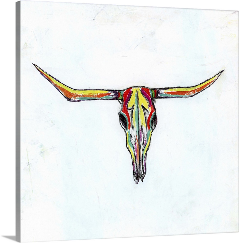 Contemporary painting of a multi-colored cow skull with long horns.