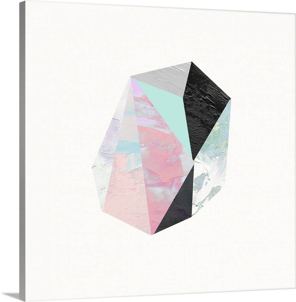 Modern art of a faceted crystal shape in black, pink, and light blue on white.