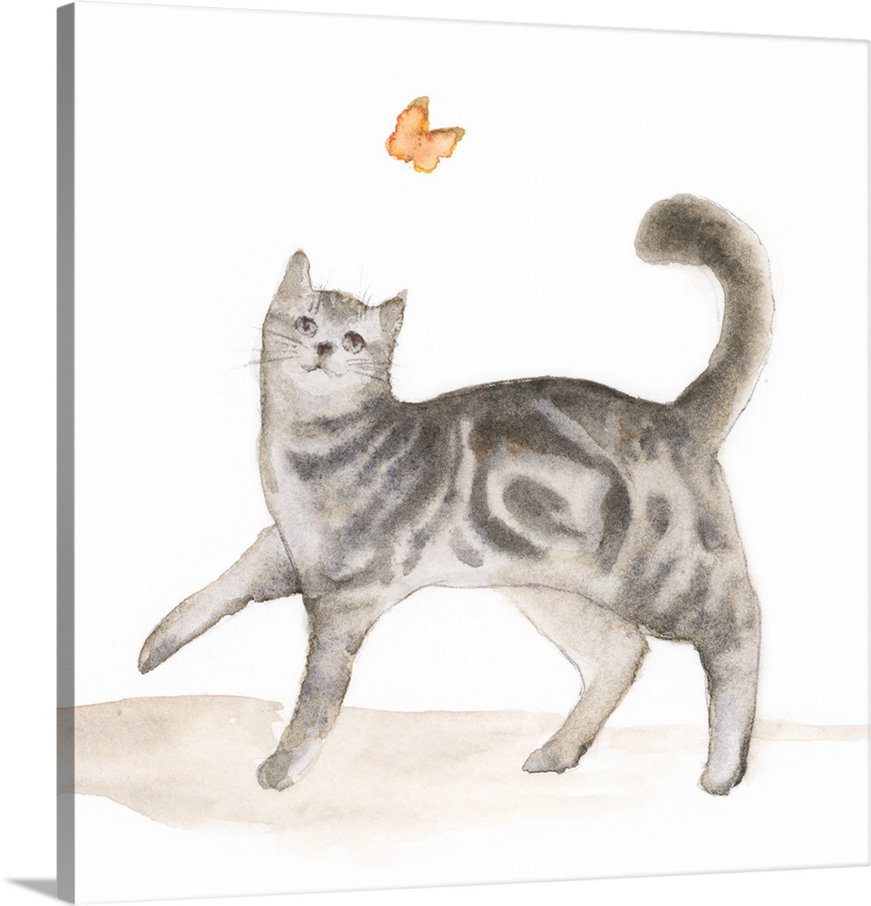 Sweet watercolor painting of a grey tabby cat chasing a butterfly.