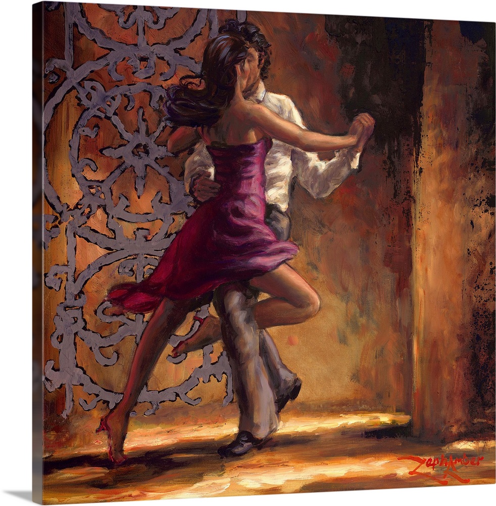 Contemporary painting of a man and woman dancing together.