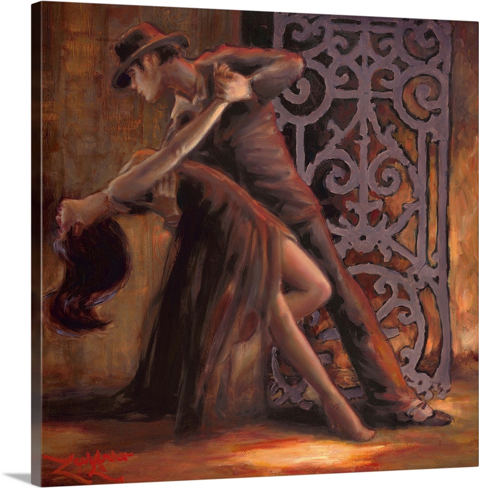 Contemporary painting of a man and woman dancing together.