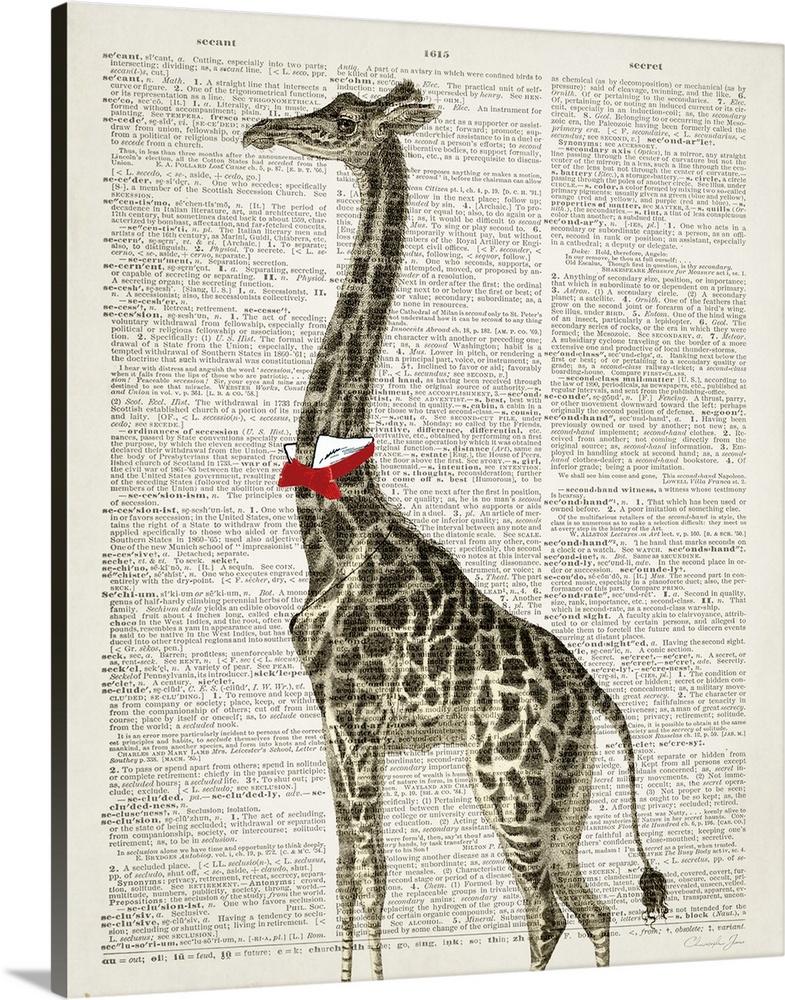 Vintage illustration of a giraffe with a bowtie on a dictionary page.