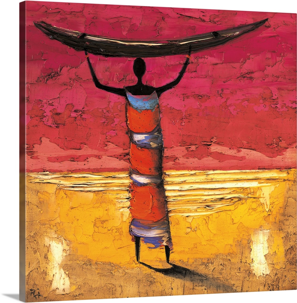 Contemporary painting of a tribal figure holding a boat above head.