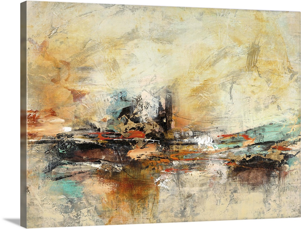 Contemporary abstract art print with a heavy texture effect in coppery shades of orange and yellow with pops of teal.