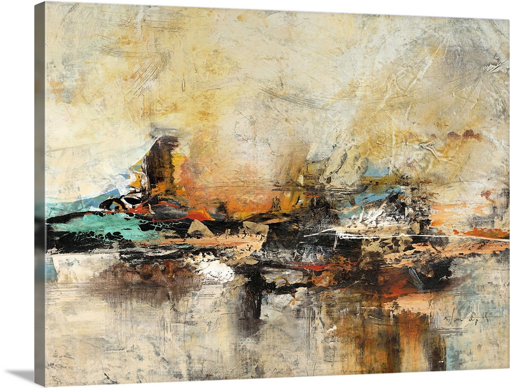 Contemporary abstract art print with a heavy texture effect in coppery shades of orange and yellow with pops of teal.