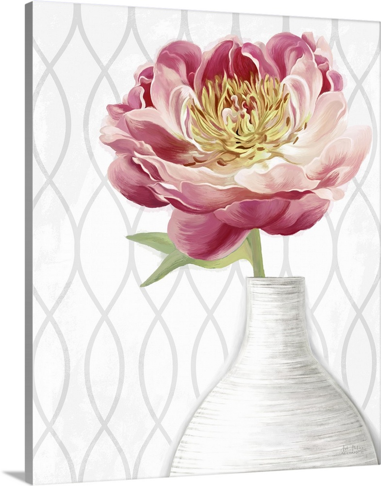 Home decor artwork of yellow and pink peony's in a white vase.