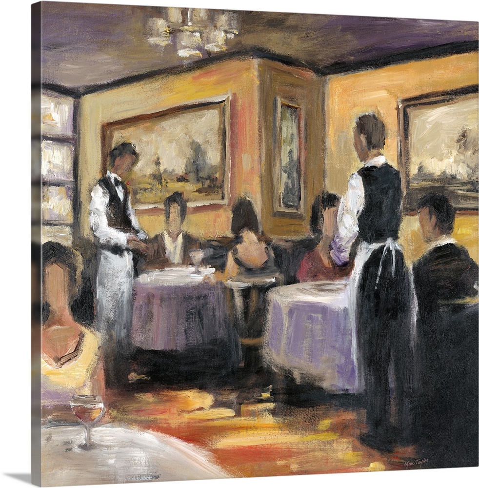 Contemporary painting of couples sitting in an elegant restaurant.