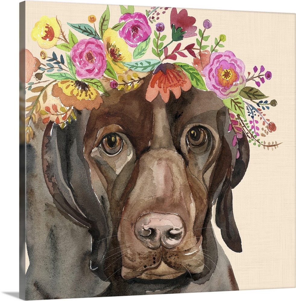 A contemporary painting of a chocolate lab wearing a wreath of colorful flowers.