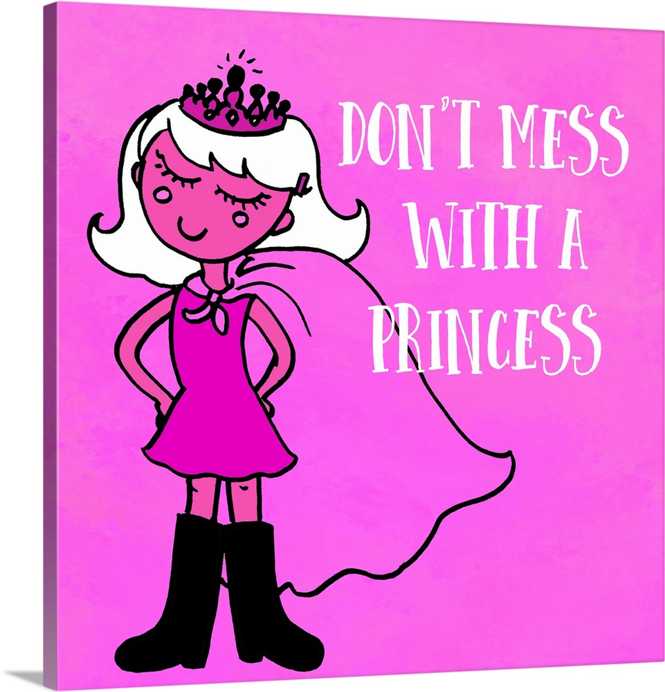 Children's art of a princess wearing a cape and crown in bright pink.