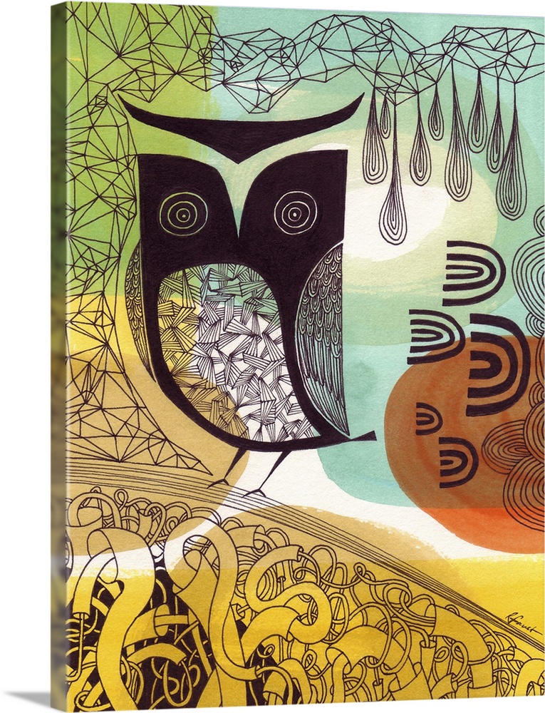 Contemporary illustration with a retro feel of an owl perched, with intricate designs all around.