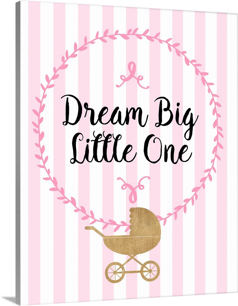 Pink nursery art with black handlettered text and a gold stroller.