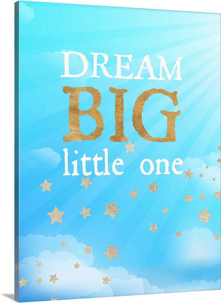 Nursery artwork of golden stars in a cloudy blue sky with text.