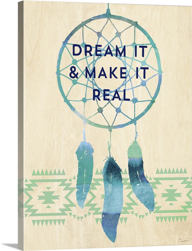 Contemporary watercolor painting of a dream catcher with text in the webbing.