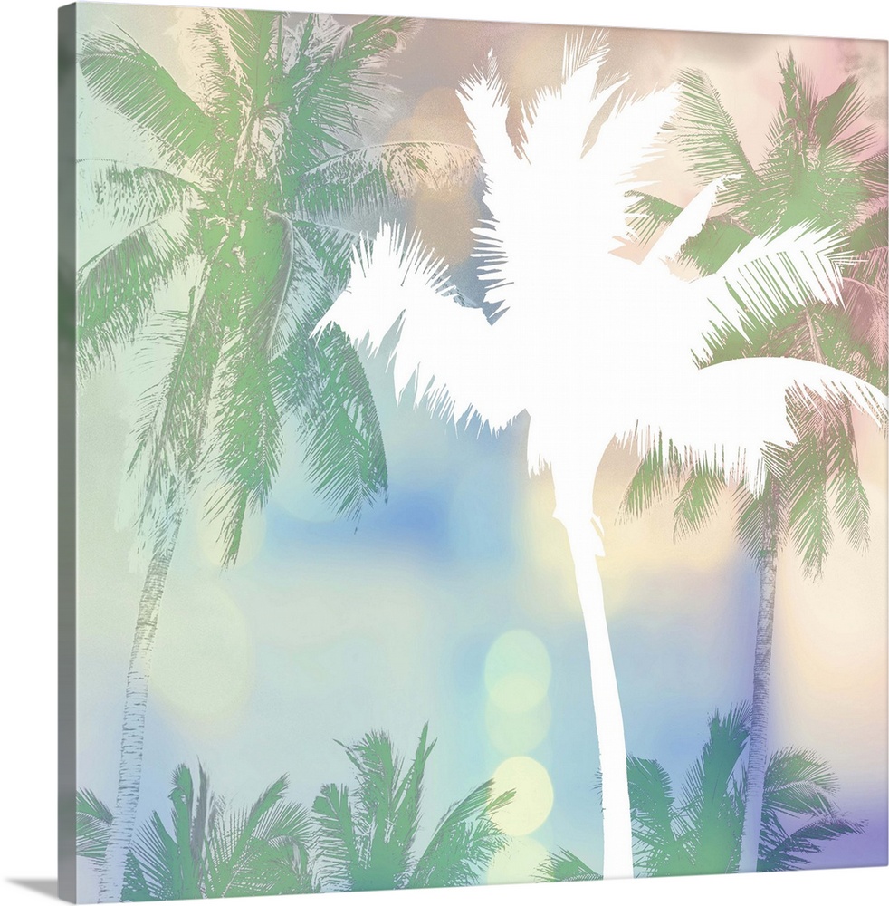 White palm tree silhouette over pastel palms and bokeh lights.