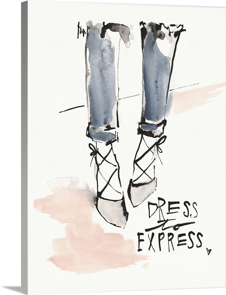 Watercolor fashion artwork of laced up heels and jeans.