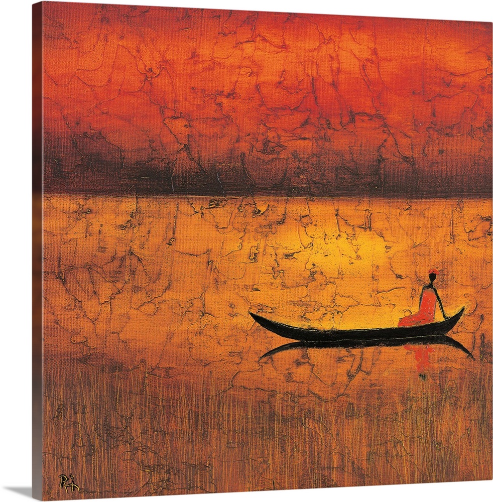Contemporary painting of a tribal figure on a boat casting a reflection in the water.