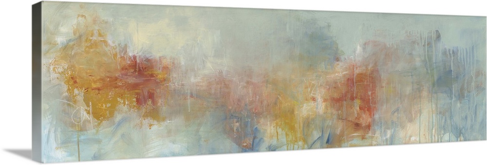 Contemporary abstract painting using colorful muted tones against a pale turquoise background.