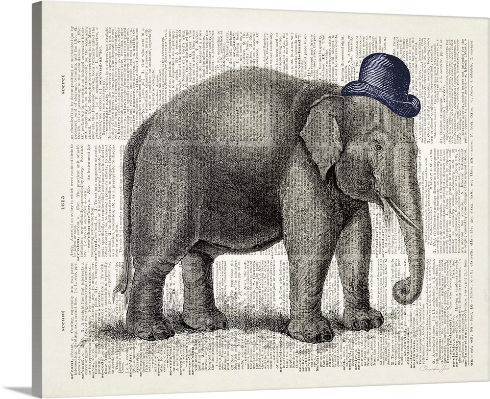 Vintage illustration of an elephant wearing a hat on a dictionary page.