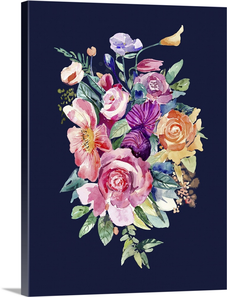 Watercolor painting of a bright bouquet of flowers on dark navy.