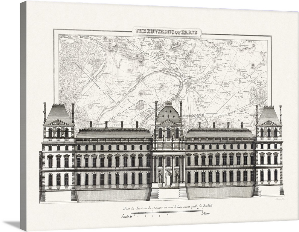 Black and white architectural illustration and blueprint of the chateau du louvre in Paris with a scale at the bottom and ...