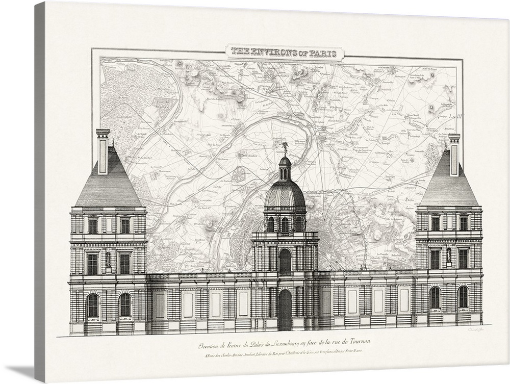 Black and white architectural illustration and blueprint of the l'entr?e du palais du luxembourg in Paris, France with a m...