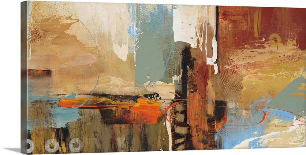 Contemporary abstract artwork using warm and cool tones mixed different textures and shapes.
